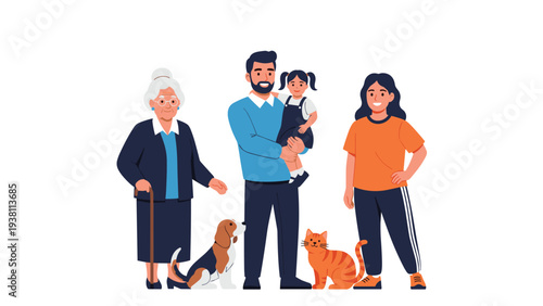 Diverse happy family group includes a loving grandmother, father holding a child, mother, and their pet dog and cat.