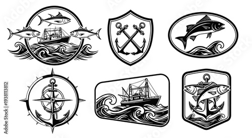Nautical Icons: Fishing Boat, Fish, Anchors, Compass in Black and White