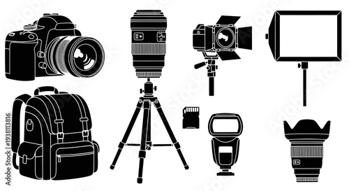 Black and White Line Art of Photography Equipment on White Background