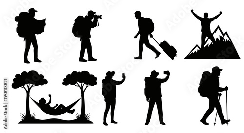 Black Silhouette of Travelers and Hikers with Backpacks, Camera, Luggage, Hammock