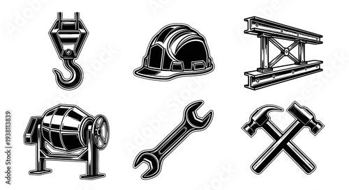Construction Industry Icons: Crane Hook, Hard Hat, I-Beam, Mixer, Wrench, Hammers