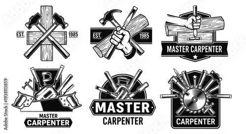 Carpenter Logos Set, Black and White Woodworking Tools Vector Art
