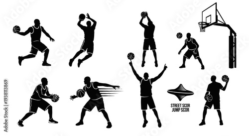 Basketball Player Silhouettes, Streetball Action, Vector Art