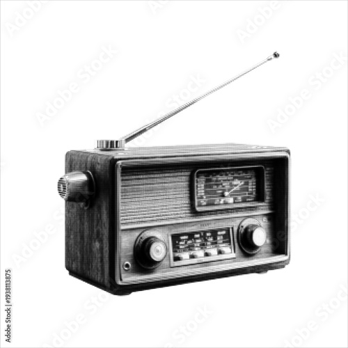 Halftone monochrome illustration of a vintage portable radio with antenna. Retro analog audio receiver isolated on light background, concept of broadcasting, communication, music and classic media tec