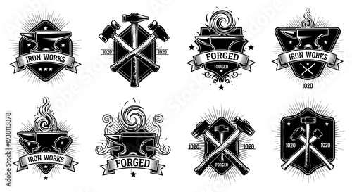 Blacksmithing Emblems: Anvils, Hammers, Iron Works, Forged, Vintage Style