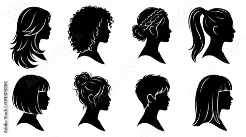 Diverse Female Hairstyles Silhouettes Collection, Beauty Graphics