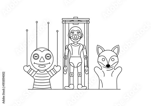 Outline drawing of three puppets a string puppet a marionette in a box and a hand puppet