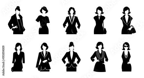 Professional Women Business Fashion Icons Glyph Set