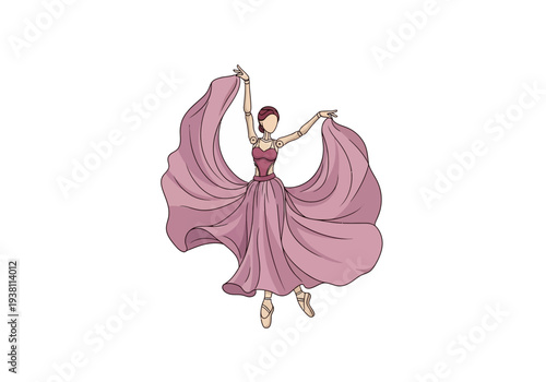 Stylized drawing of a ballerina in a flowing mauve dress midjump
