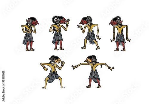 Six Wayang Golek rod puppets displaying various poses against a white background