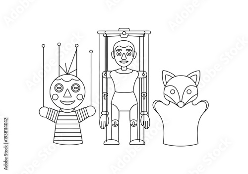 Outline drawing of three different types of puppets string jointed and hand