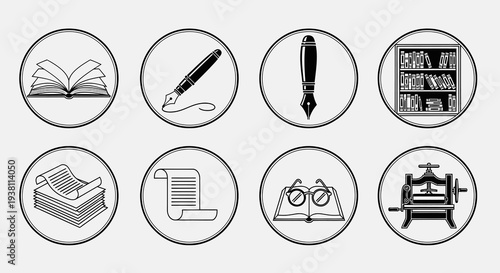 Vintage Book Printing Icons Set - Black and White Line Art