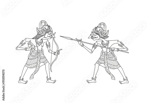 Two stylized black and white figures likely Wayang puppets facing off in combat