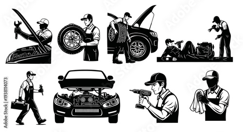 Automotive Mechanics Black and White Vector Icons Set
