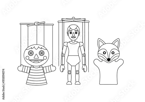 Three outlines of puppets buttoneyed child marionette jointed male marionette and fox hand puppet