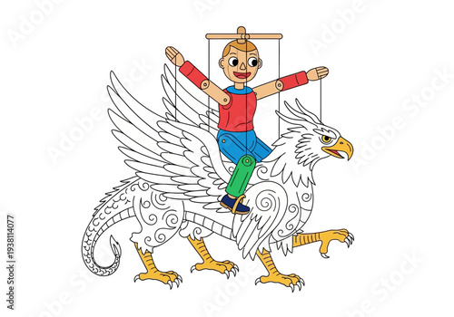 A partially colored illustration of a wooden puppet riding a griffin