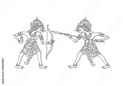 Two black and white Wayang kulit shadow puppets facing off