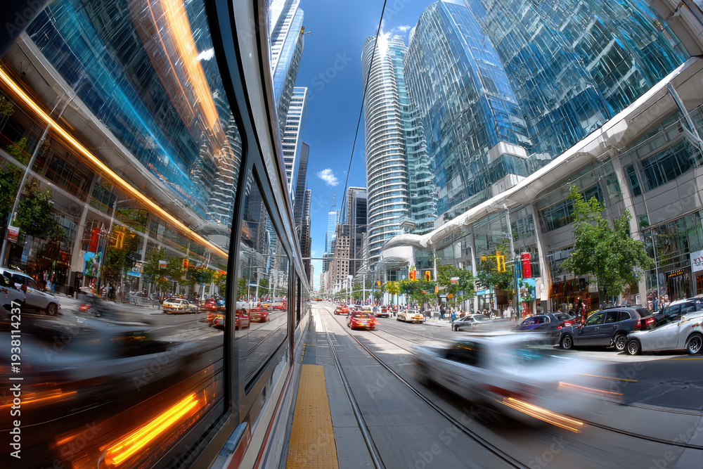 Obraz premium Fisheye view of city street with motion blur