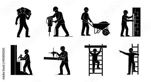 Construction Worker Silhouettes: Tools, Building, Safety Gear