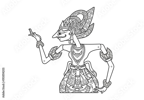 Black and white outline drawing of a Javanese Wayang Kulit shadow puppet figure