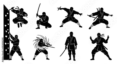Black Silhouette Ninja Warriors in Dynamic Poses, Vector Art