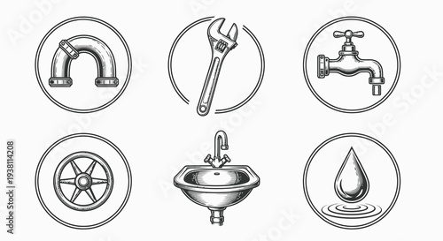 Black and White Line Art Plumbing Icons Set Vector
