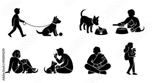 Black  White Silhouettes of People Interacting with Dogs