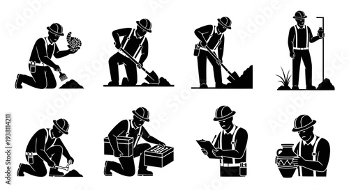 Archaeologist icon set glyph style, excavation tools, artifacts