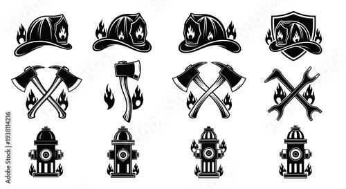 Firefighter Icons Set: Helmets, Axes, Hydrants, Wrench - Black and White