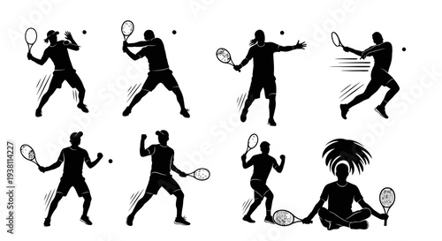 Black  White Silhouette of Tennis Players in Various Poses