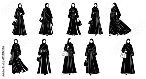 Black  White Silhouette of Women in Abayas, Islamic Fashion Collection