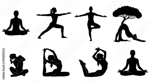 Yoga Silhouette Poses: Meditation, Warrior, Tree Pose  Downward Dog