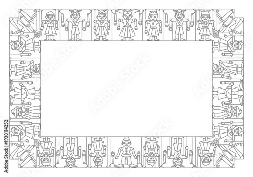 Coloring page frame border featuring string puppets in costumes