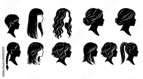 Black Silhouette Hairstyles Collection Woman Hair Fashion Vector