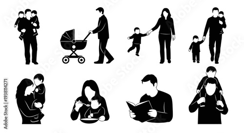 Family Silhouettes: Parents, Children, Stroller, Reading, Food, Vector Art