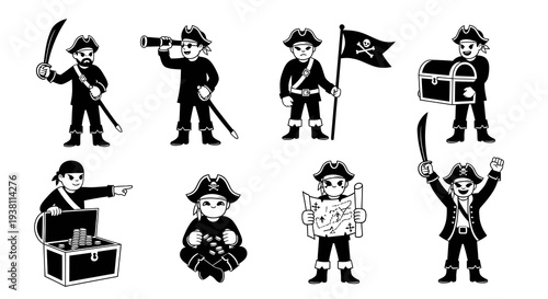 Black and White Pirate Icons: Cartoon Characters with Treasures and Flags