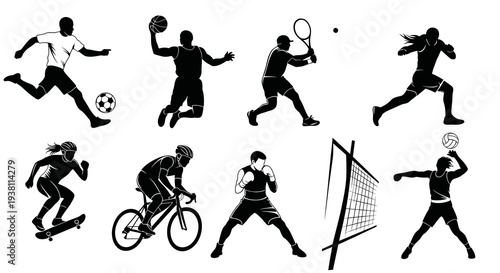 Black  White Silhouette Sports Icons: Action Poses for Active Lifestyle