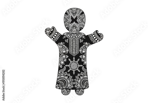 Stylized black and white human figure silhouette filled with dense bandanastyle paisley patterns
