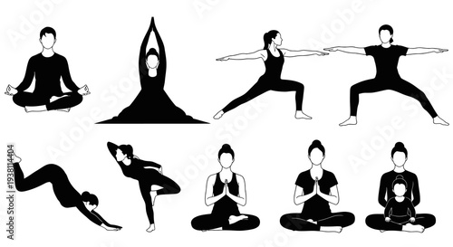 Black and White Yoga Poses Silhouette Illustration - Wellness and Fitness