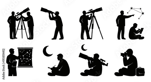 Black  White Silhouettes of People Observing Stars with Telescopes
