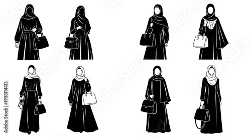 Black and White Vector Art of Muslim Women in Hijab Holding Bags
