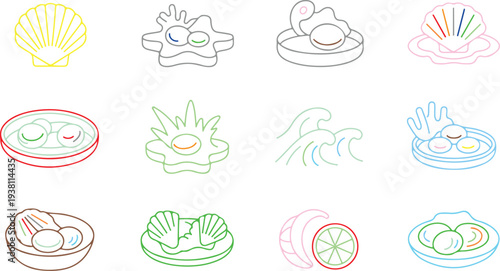 colorful seafood icons with oysters and other sea food elements on white background