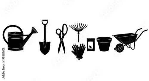 Gardening Tools Silhouette Set - Watering Can, Shovel, Scissors, Rake, Pot, Wheelbarrow