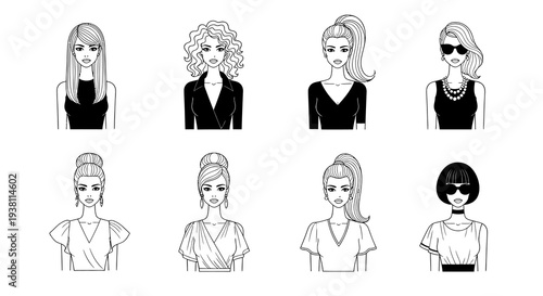 Black and White Line Art of Diverse Women's Hairstyles and Fashion