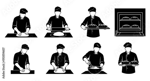 Black and white illustration of a baker preparing bread