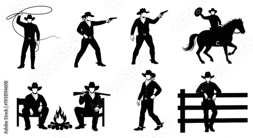 Black  White Cowboy Silhouettes: Western, Rodeo, Wild West, Vector Art