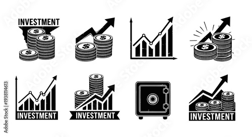 Finance Investment Icons: Coins, Graphs, Safe, Black and White Glyph
