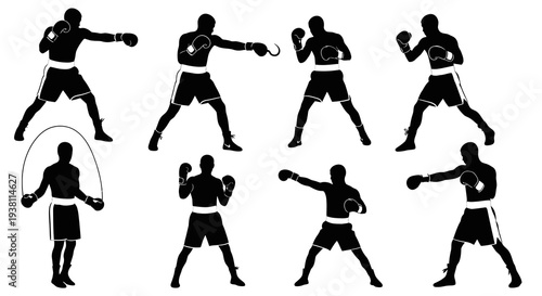 Black  White Boxing Silhouettes: Boxer Poses, Jump Rope, Sport