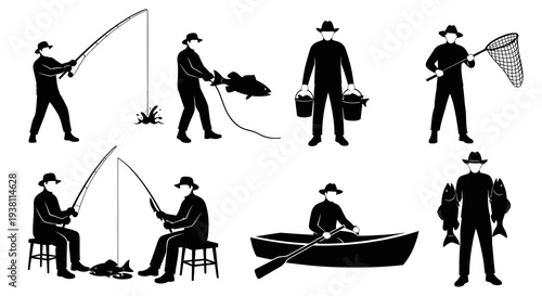 Fisherman Silhouette Icon Set, Fishing Activity Vector Graphics