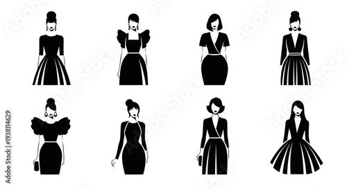 Black  White Glyph Icons of Fashionable Women in Dresses